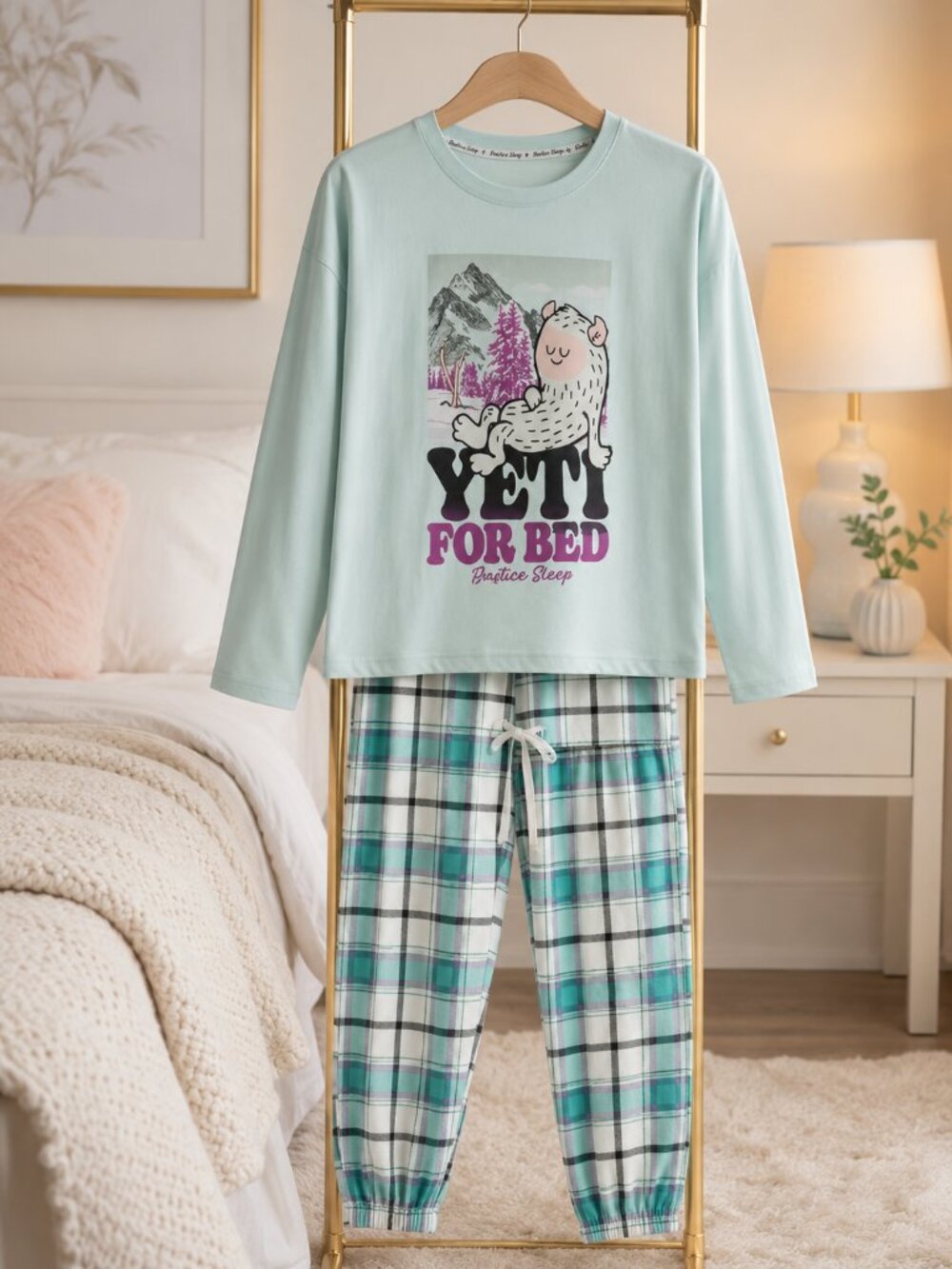 Mint Yeti Plaid 2 Piece Pajama Set Long Sleeve Lounge Sleepwear